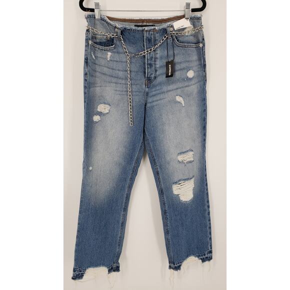Express Straight Ankle Jeans 8 High Rise Waist Distressed Chain Raw Hem Blue NWT - Picture 3 of 13